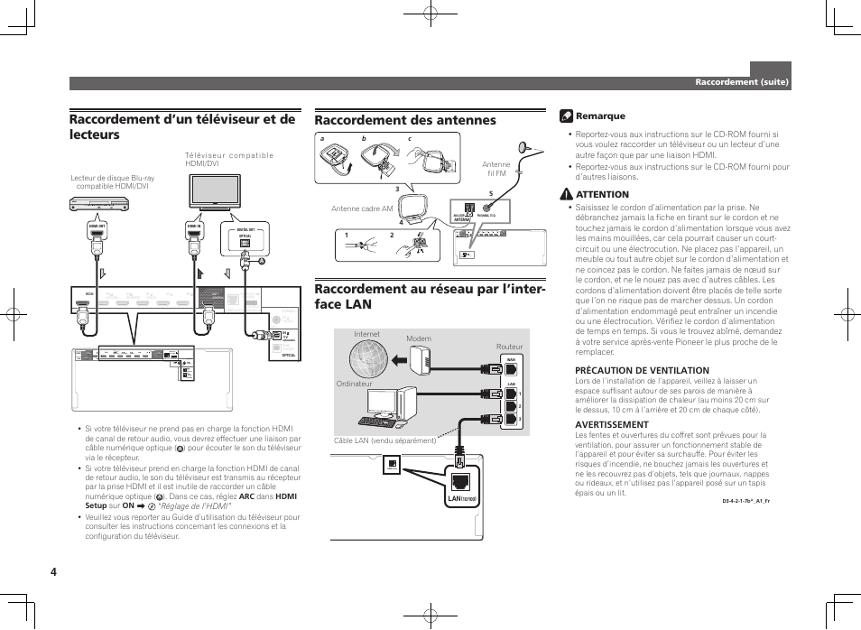 Raccordement au réseau par l’inter- face lan, Raccordement d’un téléviseur et de lecteurs | Pioneer SC-2023-K User Manual | Page 10 / 44