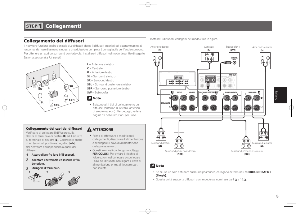 Collegamenti, Collegamento dei diffusori | Pioneer SC-2023-K User Manual | Page 21 / 44