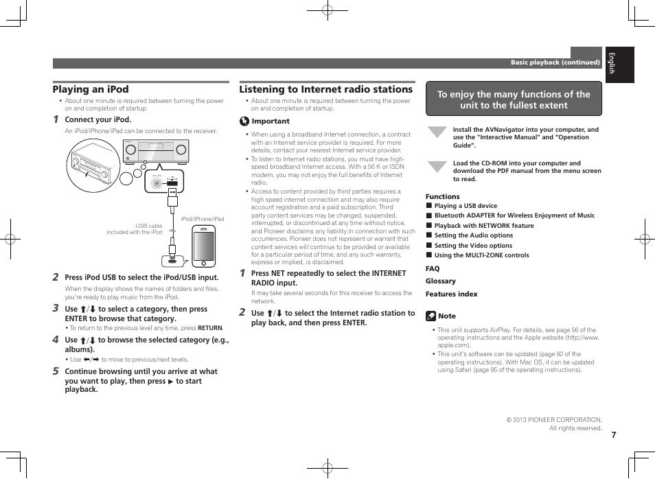 Playing an ipod, Listening to internet radio stations | Pioneer SC-2023-K User Manual | Page 7 / 44