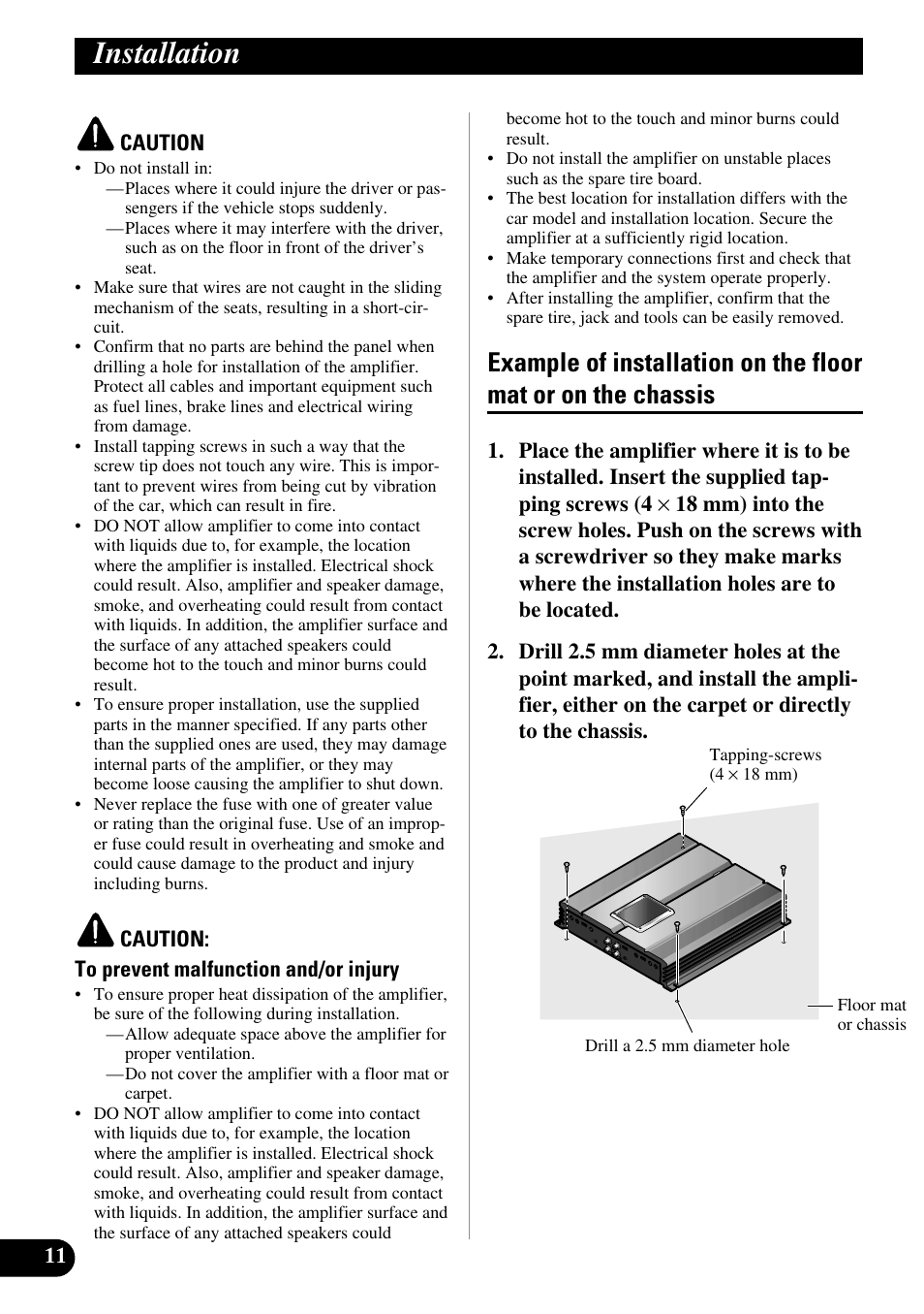 Installation, Example of installation on the floor mat, Or on the chassis | Pioneer PRS-A700 User Manual | Page 12 / 74