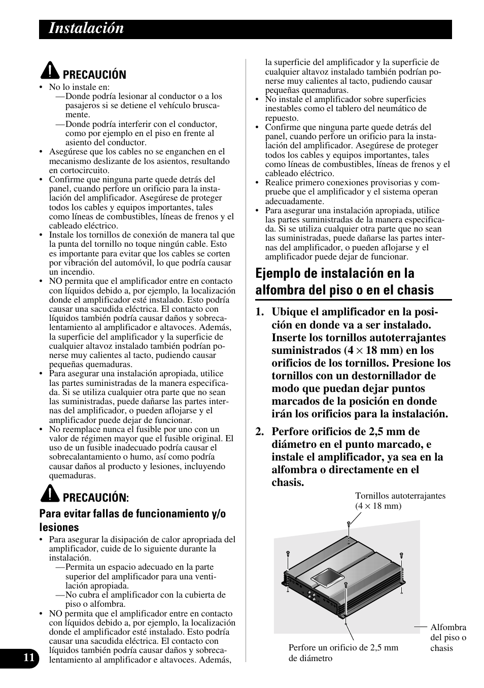 Instalación, Ejemplo de instalación en la alfombra del, Piso o en el chasis | Pioneer PRS-A700 User Manual | Page 24 / 74