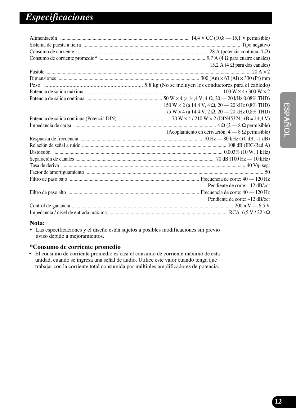 Especificaciones | Pioneer PRS-A700 User Manual | Page 25 / 74