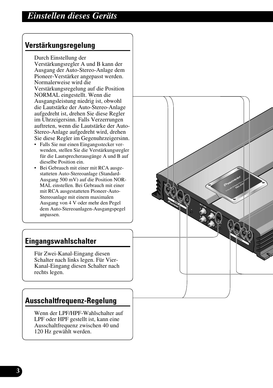 Einstellen dieses geräts, Verstärkungsregelung, Ausschaltfrequenz-regelung | Eingangswahlschalter | Pioneer PRS-A700 User Manual | Page 28 / 74