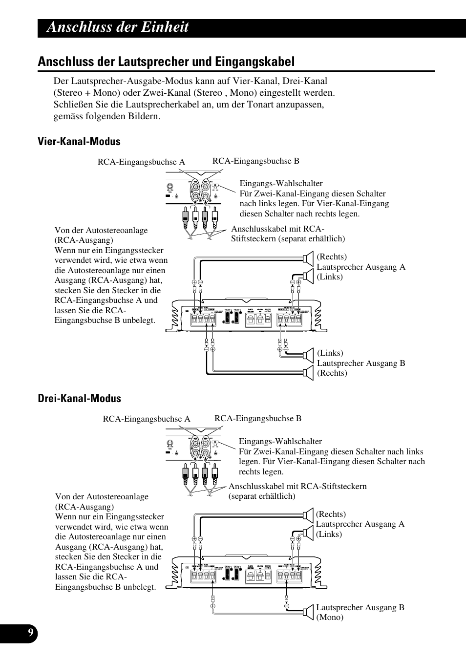 Anschluss der lautsprecher und, Eingangskabel, Anschluss der einheit | Anschluss der lautsprecher und eingangskabel | Pioneer PRS-A700 User Manual | Page 34 / 74