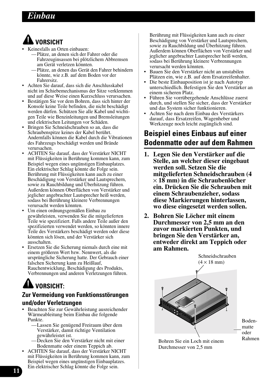 Einbau, Beispiel eines einbaus auf einer bodenmatte, Oder auf dem rahmen | Pioneer PRS-A700 User Manual | Page 36 / 74