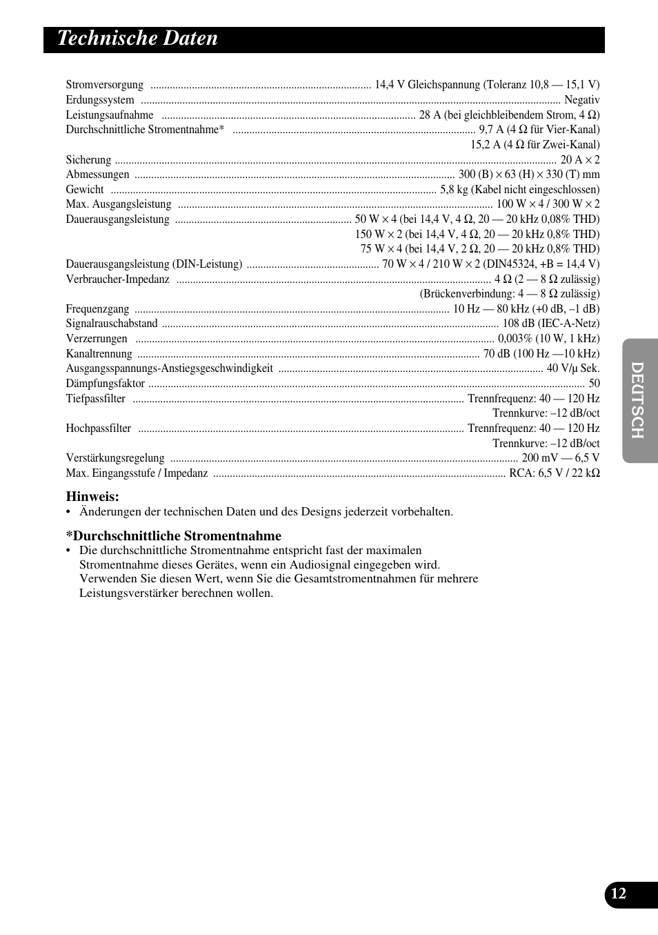 Technische daten | Pioneer PRS-A700 User Manual | Page 37 / 74