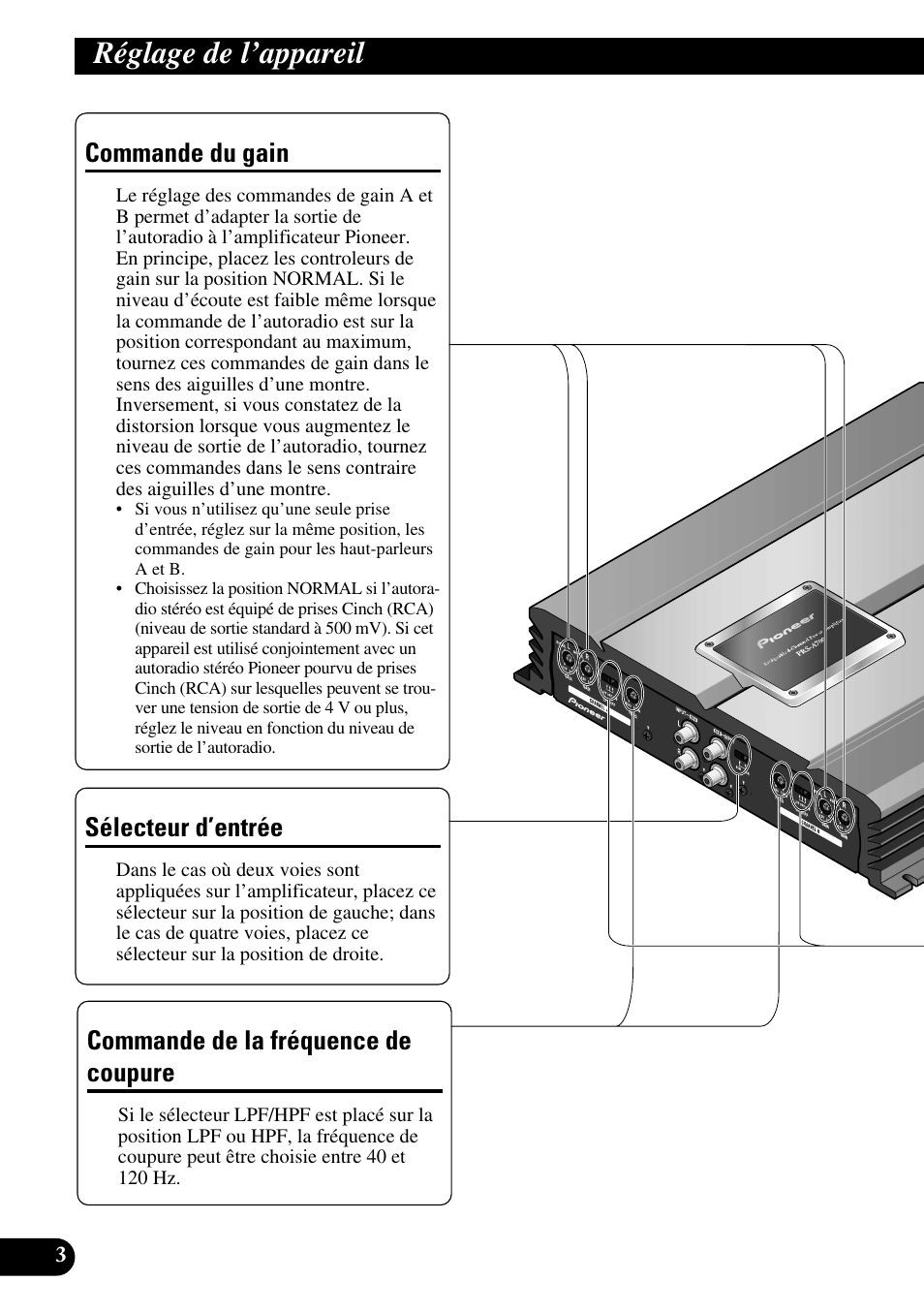 Réglage de l’appareil, Commande du gain, Sélecteur d’entrée | Commande de la fréquence de coupure | Pioneer PRS-A700 User Manual | Page 40 / 74