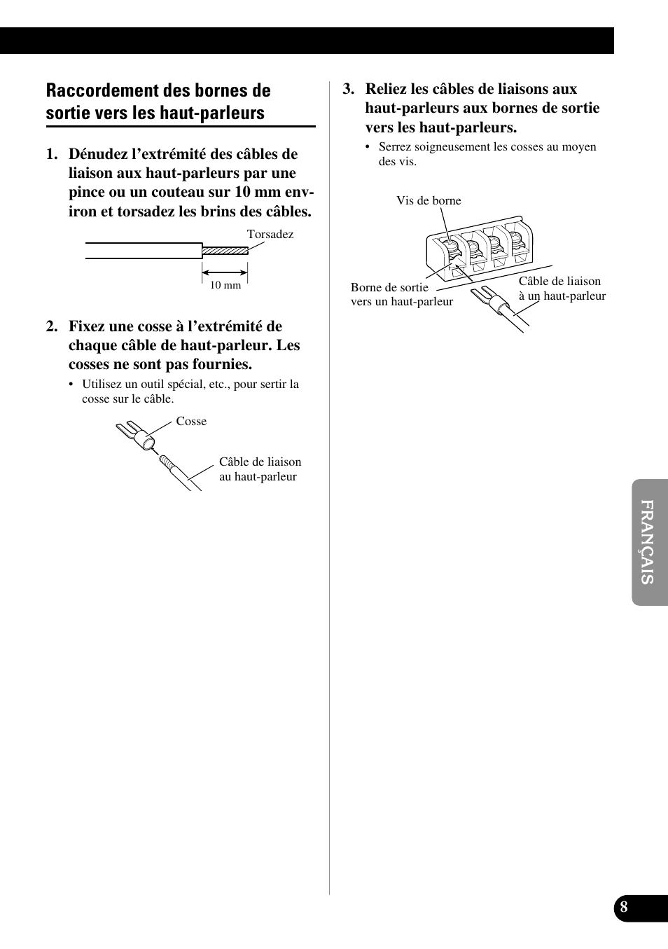 Raccordement des bornes de sortie vers, Les haut-parleurs | Pioneer PRS-A700 User Manual | Page 45 / 74