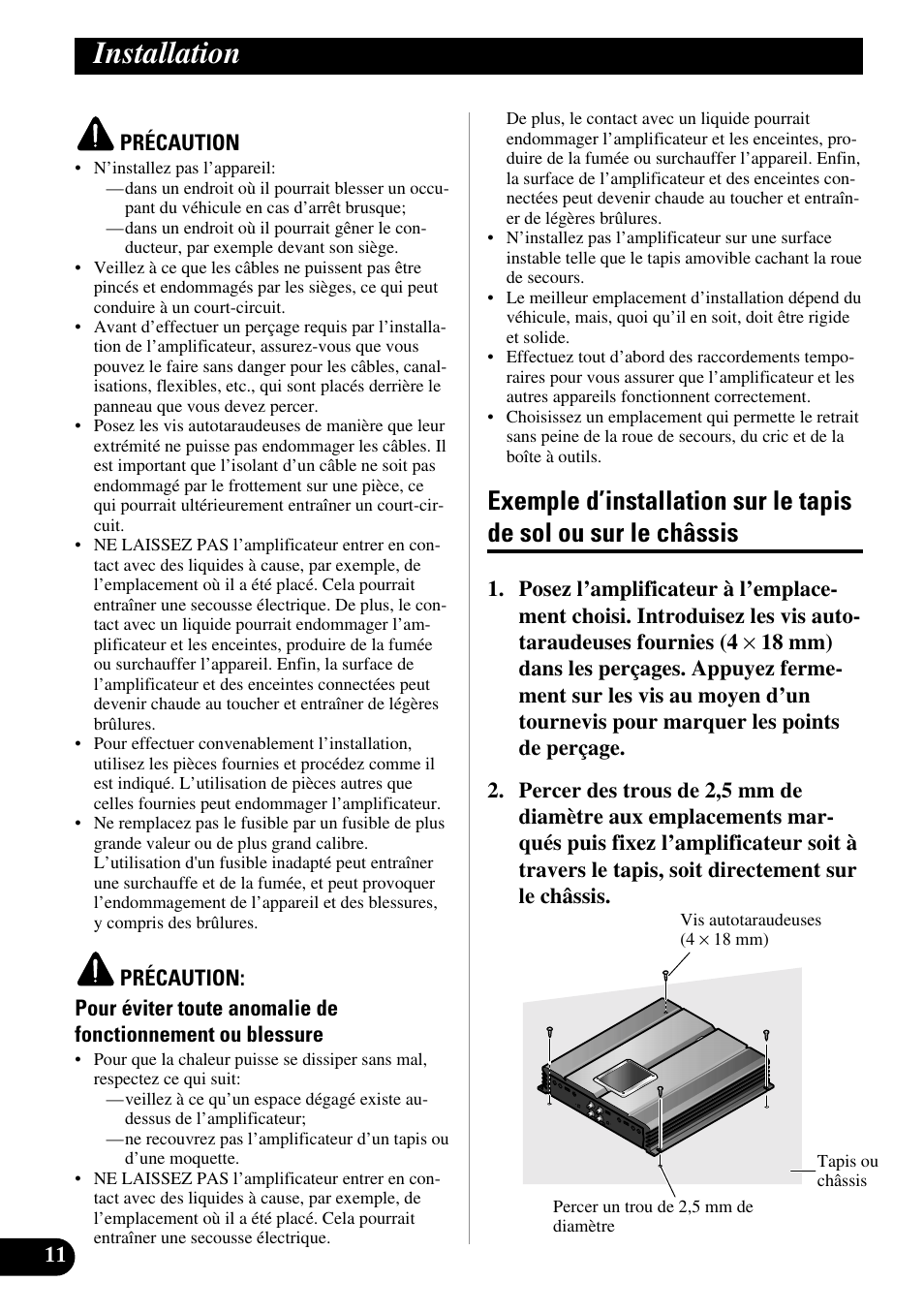 Installation, Exemple d’installation sur le tapis de sol ou, Sur le châssis | Pioneer PRS-A700 User Manual | Page 48 / 74