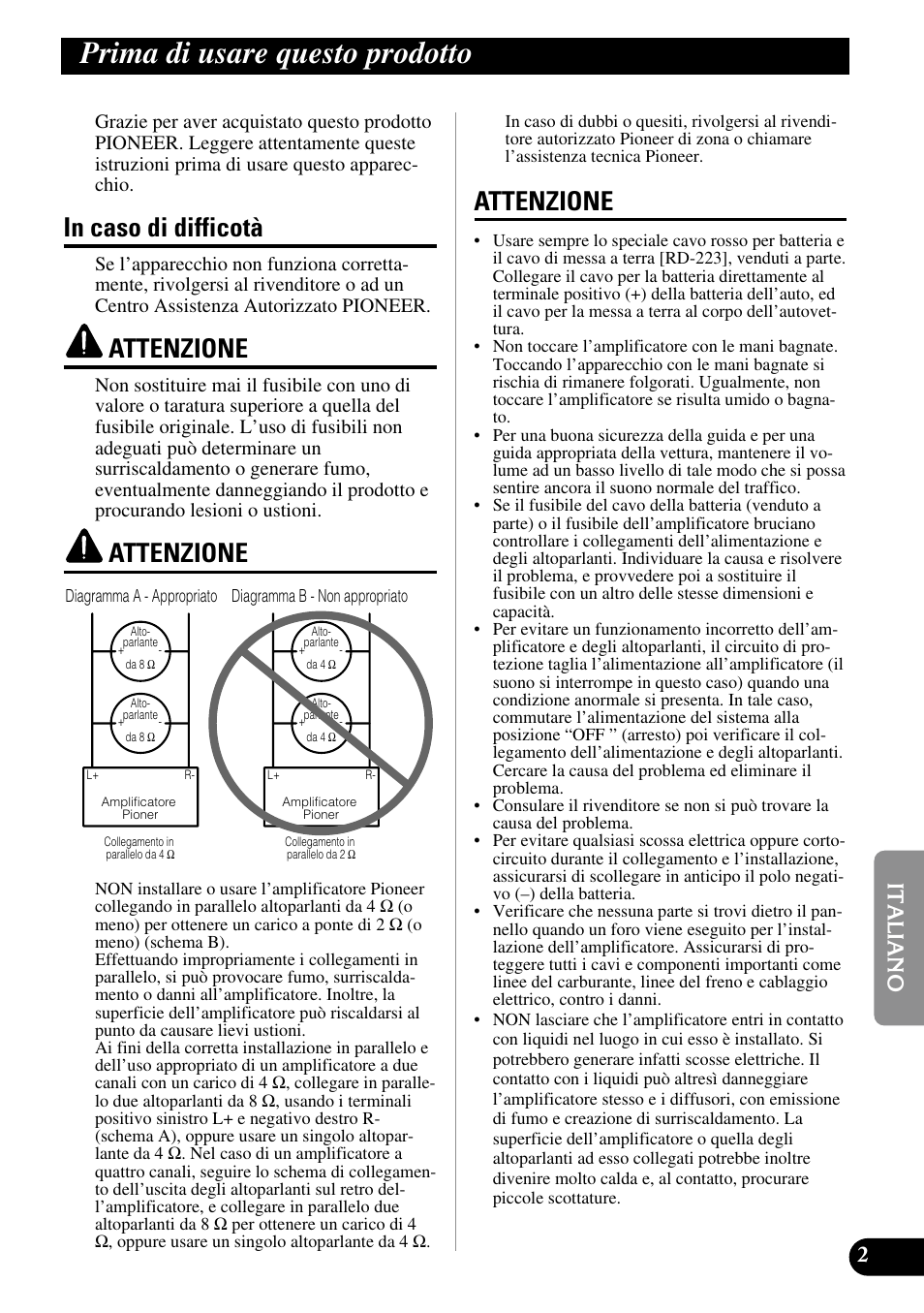 Prima di usare questo prodotto, Attenzione | Pioneer PRS-A700 User Manual | Page 51 / 74
