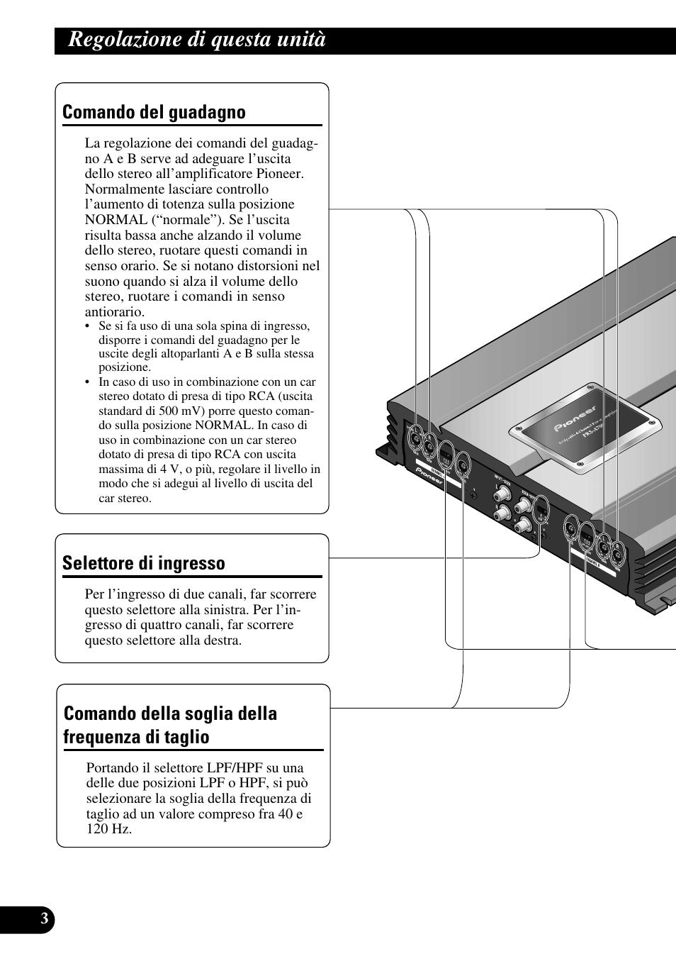 Regolazione di questa unità, Di taglio, Comando del guadagno | Selettore di ingresso, Comando della soglia della frequenza di taglio | Pioneer PRS-A700 User Manual | Page 52 / 74