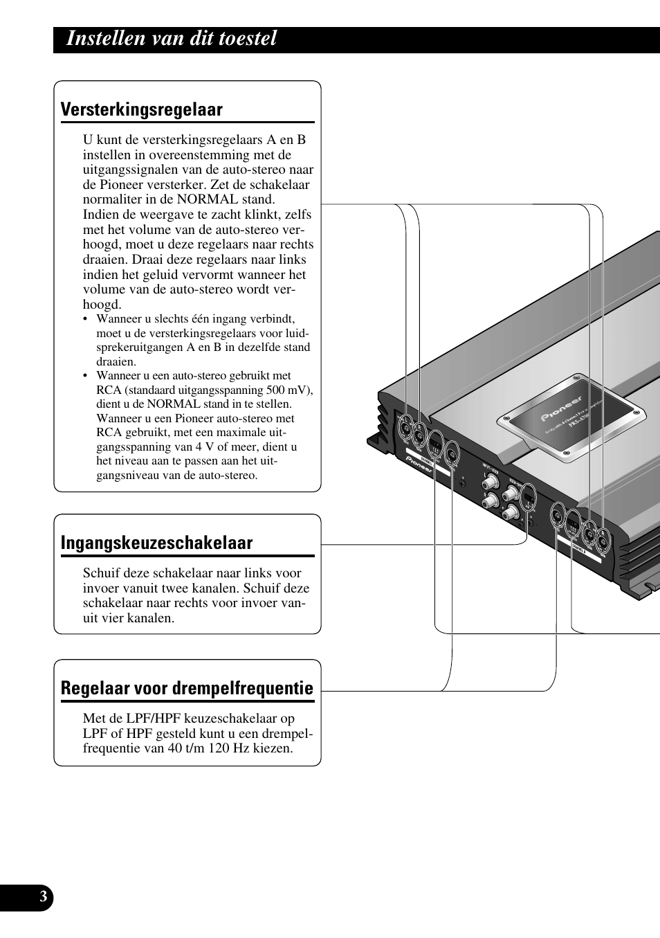 Instellen van dit toestel, Versterkingsregelaar, Regelaar voor drempelfrequentie | Ingangskeuzeschakelaar | Pioneer PRS-A700 User Manual | Page 64 / 74