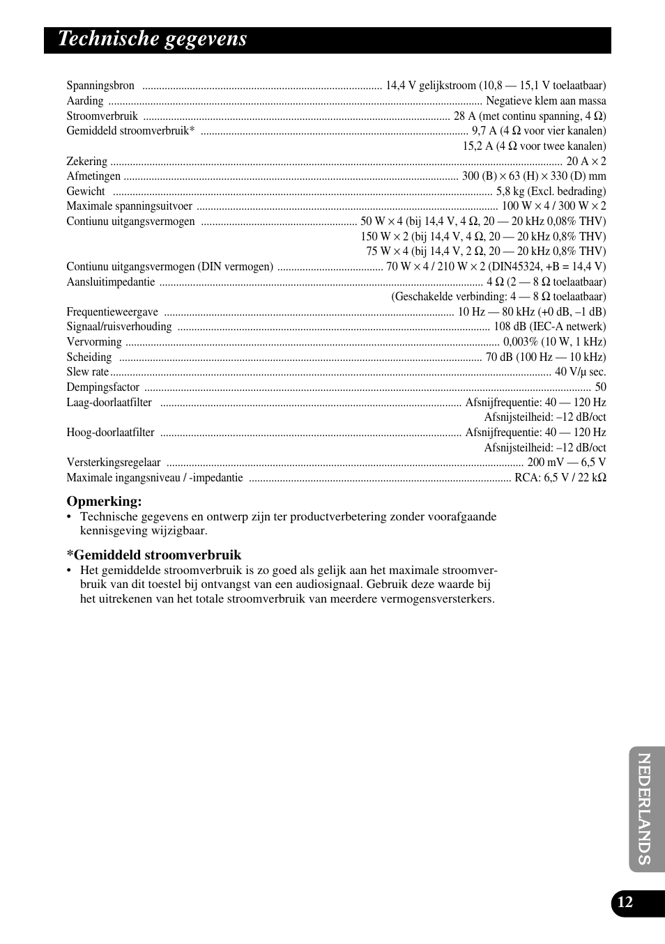 Technische gegevens | Pioneer PRS-A700 User Manual | Page 73 / 74