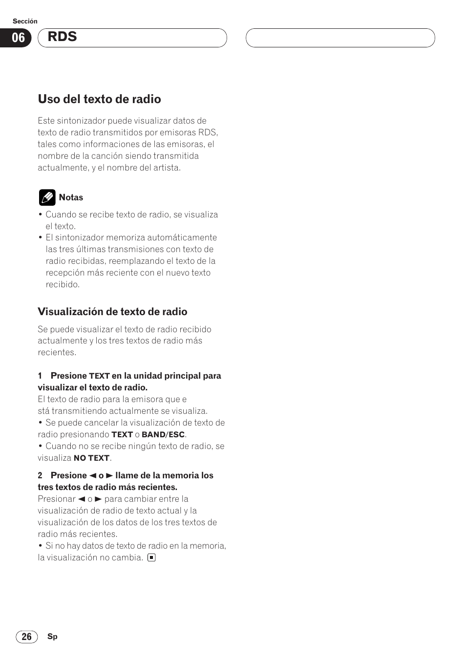 Uso del texto de radio 26, Visualización de texto de radio 26, Uso del texto de radio | Pioneer AVH-P6400CD User Manual | Page 100 / 224