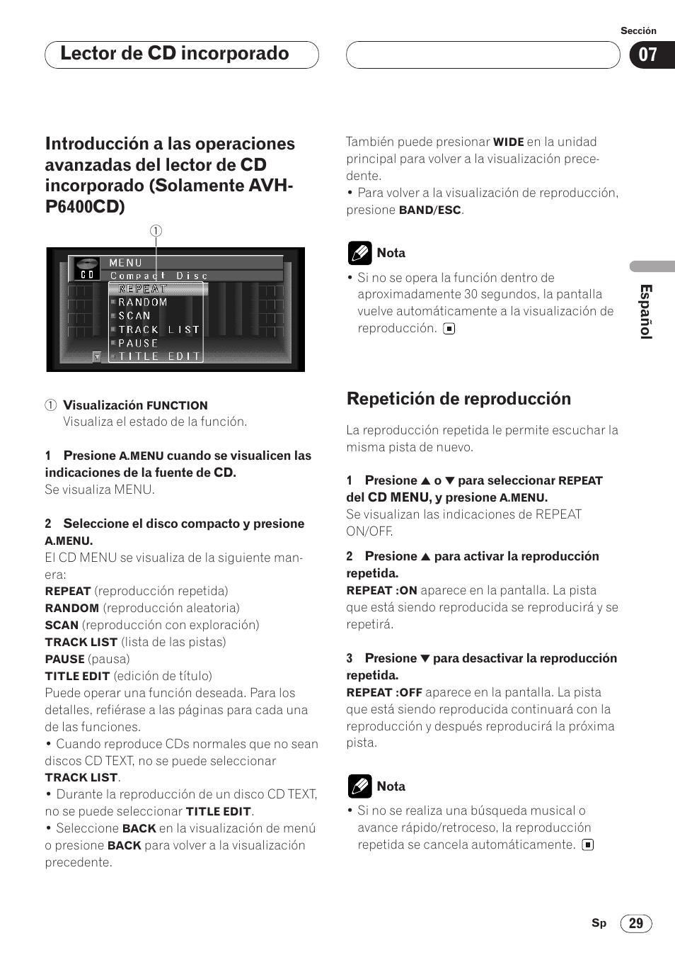 Introducción a las operaciones avanzadas del, Repetición de reproducción 29, Lector de cd incorporado | Repetición de reproducción | Pioneer AVH-P6400CD User Manual | Page 103 / 224