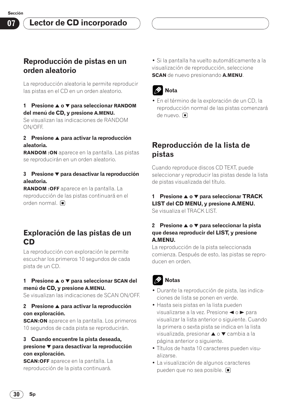 Reproducción de pistas en un orden, Aleatorio 30, Lector de cd incorporado | Reproducción de pistas en un orden aleatorio, Exploración de las pistas de un cd, Reproducción de la lista de pistas | Pioneer AVH-P6400CD User Manual | Page 104 / 224