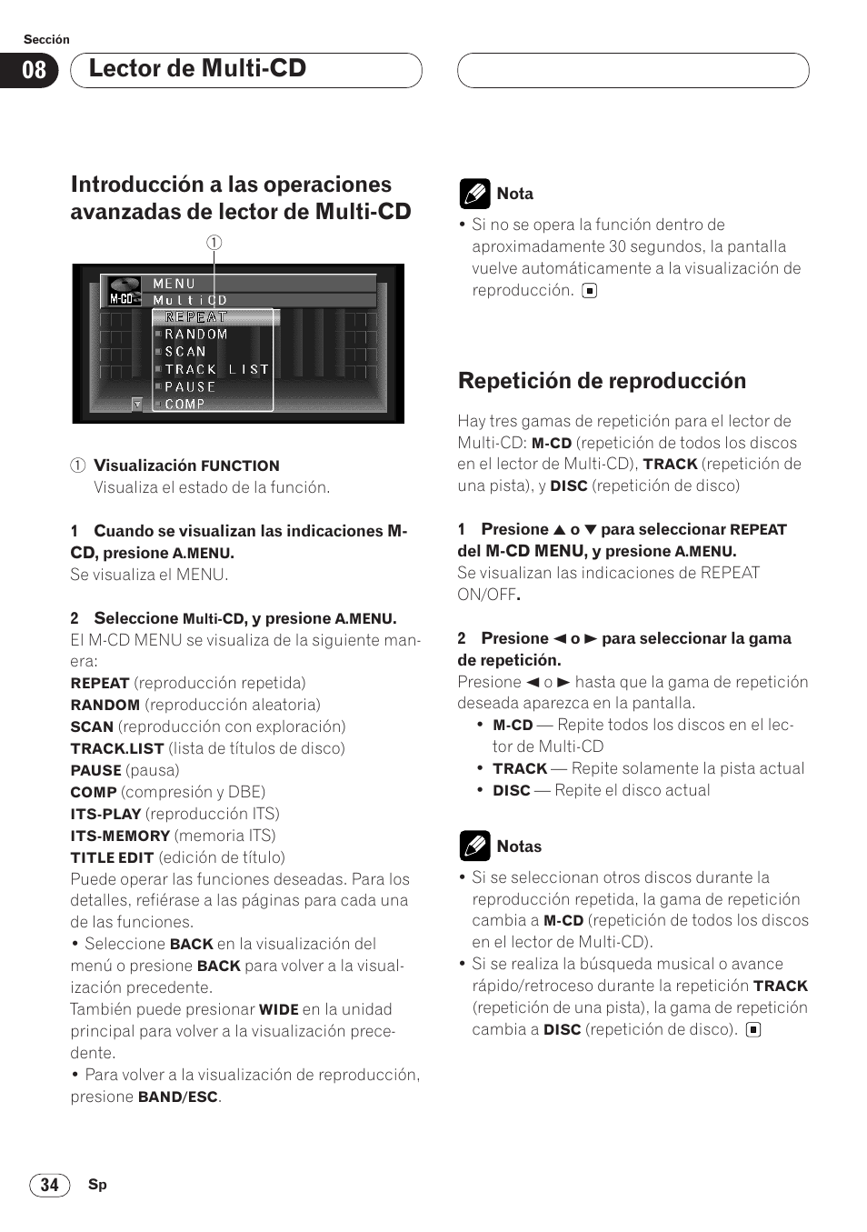 Introducción a las operaciones avanzadas de, Lector de multi-cd 34, Repetición de reproducción 34 | Lector de multi-cd, Repetición de reproducción | Pioneer AVH-P6400CD User Manual | Page 108 / 224