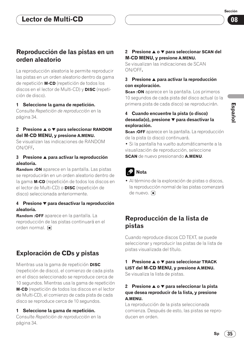 Reproducción de las pistas en un orden, Aleatorio 35, Lector de multi-cd | Reproducción de las pistas en un orden aleatorio, Exploración de cds y pistas, Reproducción de la lista de pistas | Pioneer AVH-P6400CD User Manual | Page 109 / 224