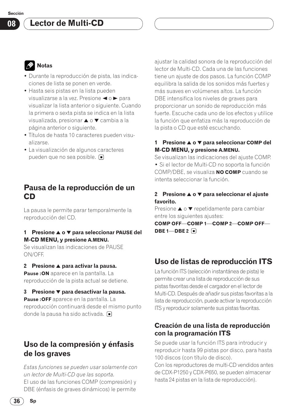 Los graves 36, Uso de listas de reproducción its 36, Creación de una lista de reproducción | Con la programación its 36, Lector de multi-cd, Pausa de la reproducción de un cd, Uso de la compresión y énfasis de los graves, Uso de listas de reproducción its | Pioneer AVH-P6400CD User Manual | Page 110 / 224