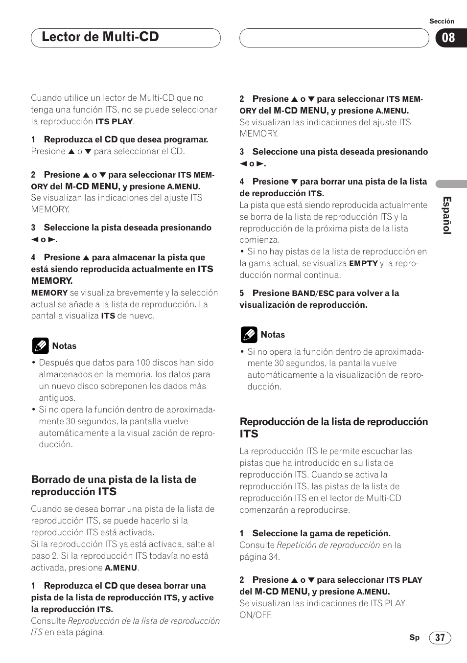 Borrado de una pista de la lista de, Reproducción its 37, Reproducción de la lista de reproduc | Ción its 37, Lector de multi-cd | Pioneer AVH-P6400CD User Manual | Page 111 / 224
