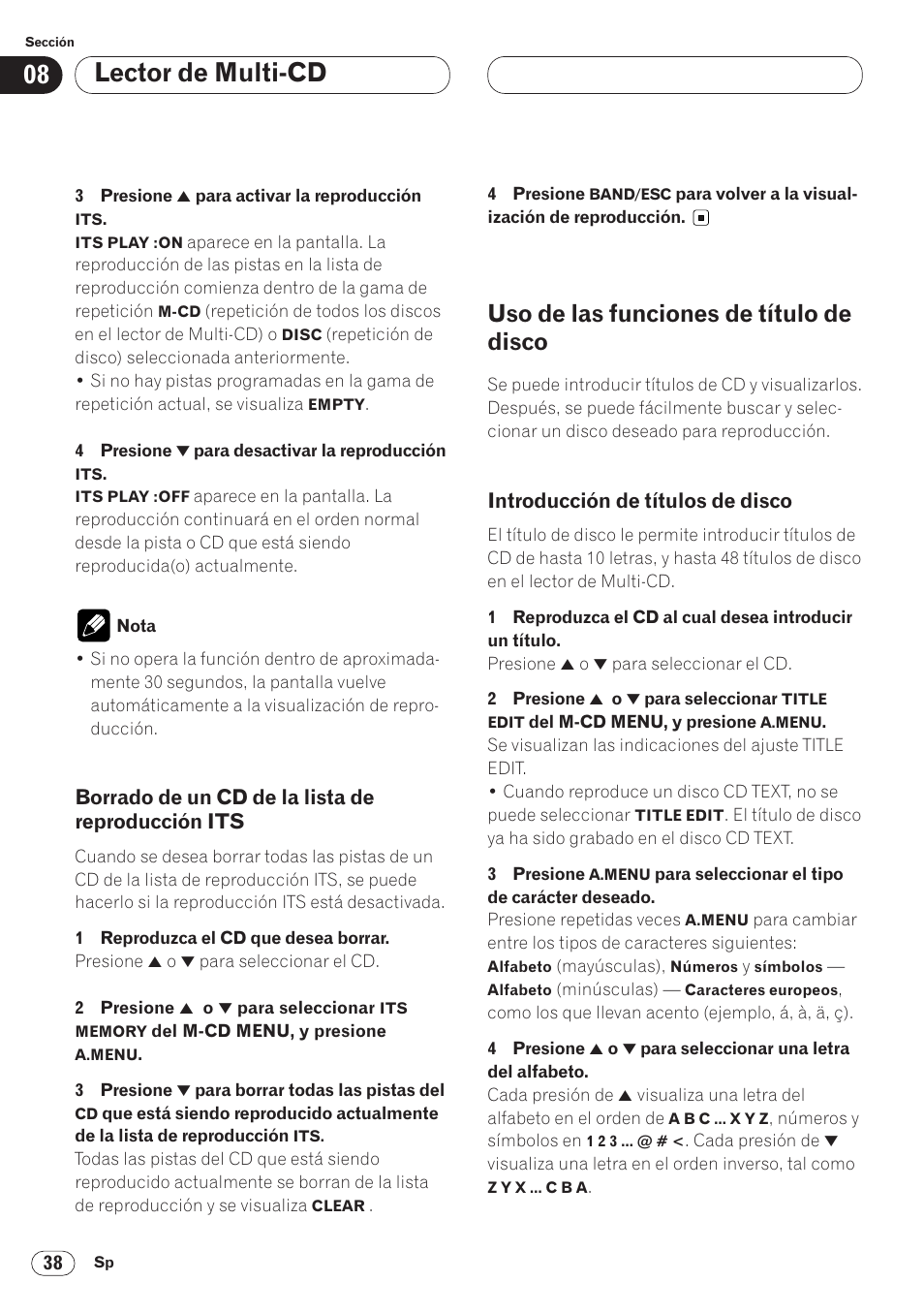 Borrado de un cd de la lista de, Reproducción its 38, Uso de las funciones de título de disco 38 | Introducción de títulos de disco 38, Lector de multi-cd, Uso de las funciones de título de disco, Borrado de un cd de la lista de reproducción its, Introducción de títulos de disco | Pioneer AVH-P6400CD User Manual | Page 112 / 224