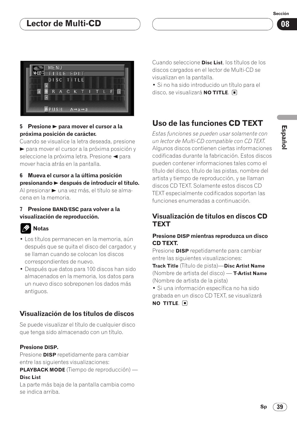 Visualización de los títulos de discos, Uso de las funciones cd text 39, Visualización de títulos en discos cd | Text 39, Lector de multi-cd, Uso de las funciones cd text | Pioneer AVH-P6400CD User Manual | Page 113 / 224