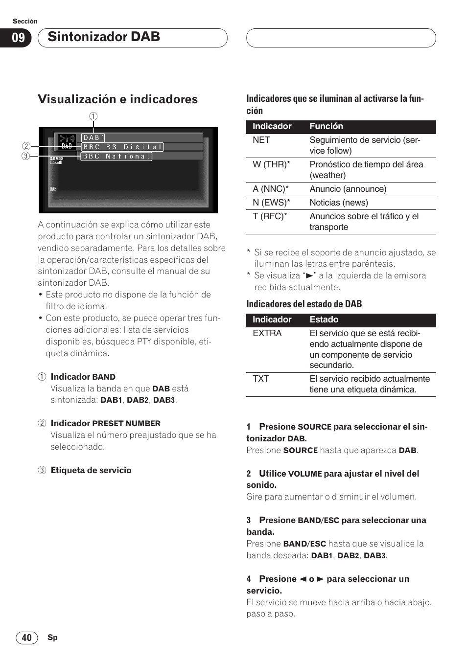 Visualización e indicadores 40, Sintonizador dab, Visualización e indicadores | Pioneer AVH-P6400CD User Manual | Page 114 / 224