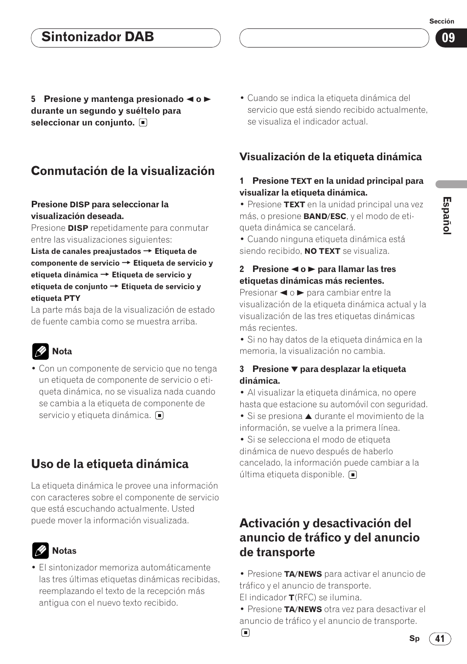 Visualización de la etiqueta, Dinámica 41, Activación y desactivación del anuncio de | Tráfico y del anuncio de transporte 41, Sintonizador dab, Conmutación de la visualización, Uso de la etiqueta dinámica | Pioneer AVH-P6400CD User Manual | Page 115 / 224