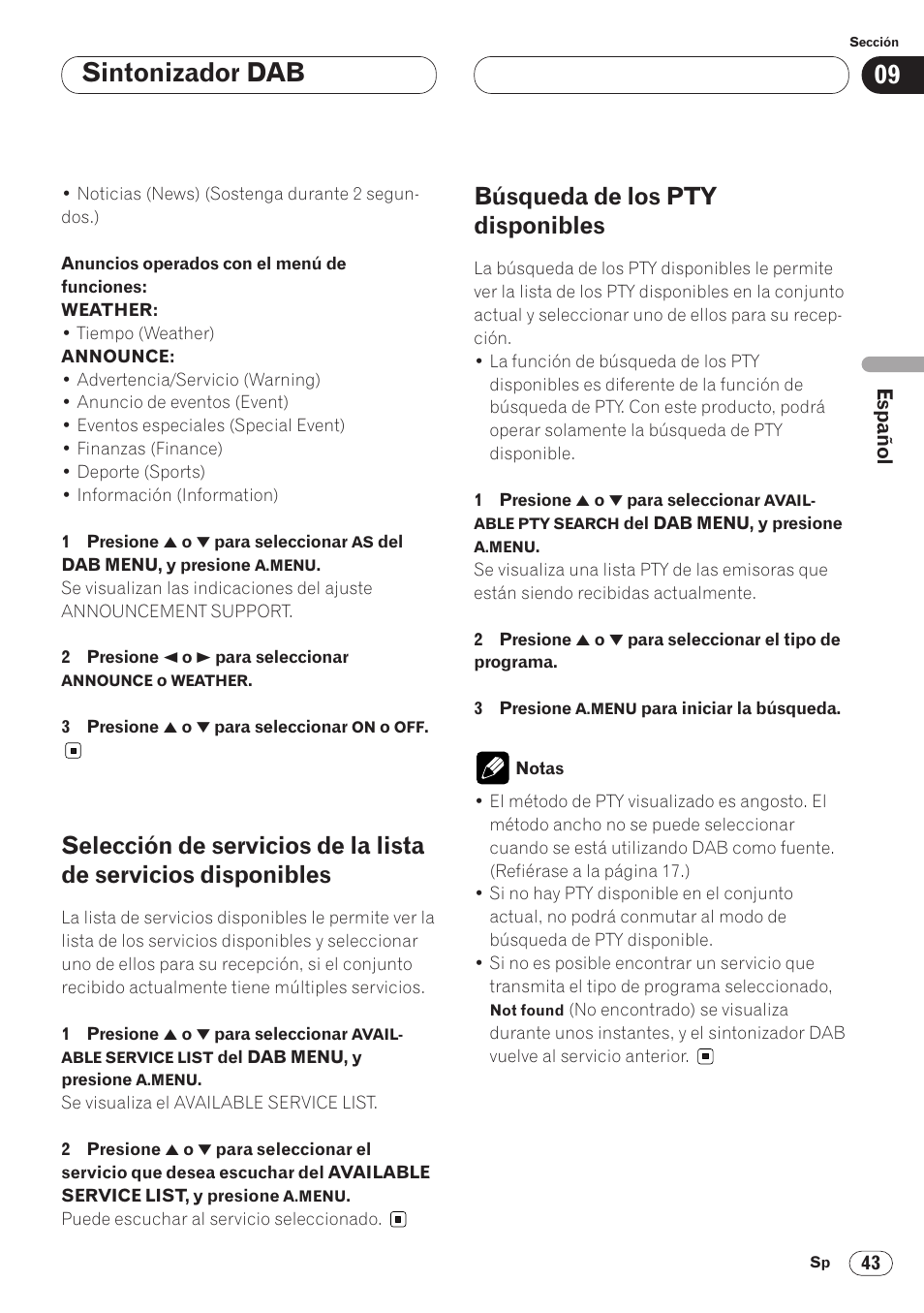 Ajuste de la interrupción de soporte de, Anuncio 43, Selección de servicios de la lista de servicios | Disponibles 43, Búsqueda de los pty disponibles 43, Sintonizador dab, Búsqueda de los pty disponibles | Pioneer AVH-P6400CD User Manual | Page 117 / 224