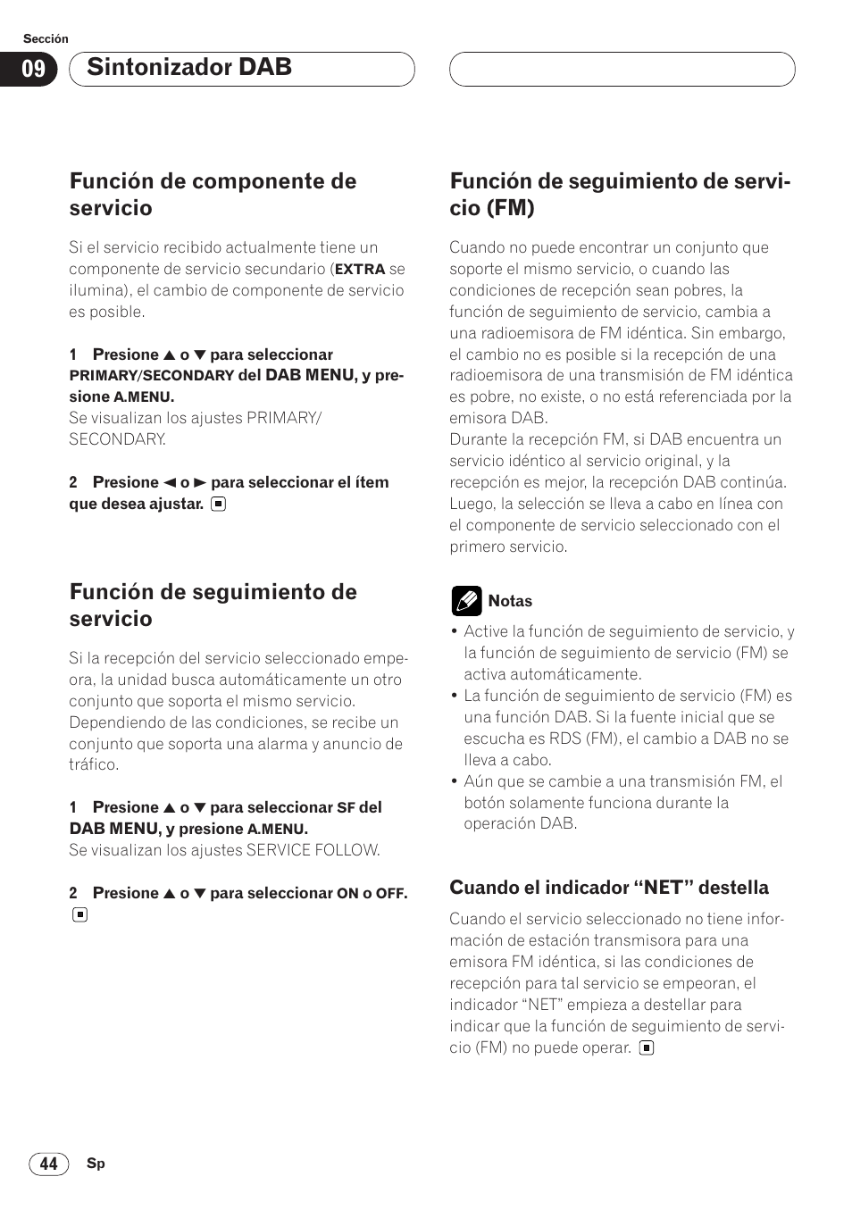 Cuando el indicador “net” destella 44, Sintonizador dab, Función de componente de servicio | Función de seguimiento de servicio, Función de seguimiento de servi- cio (fm) | Pioneer AVH-P6400CD User Manual | Page 118 / 224