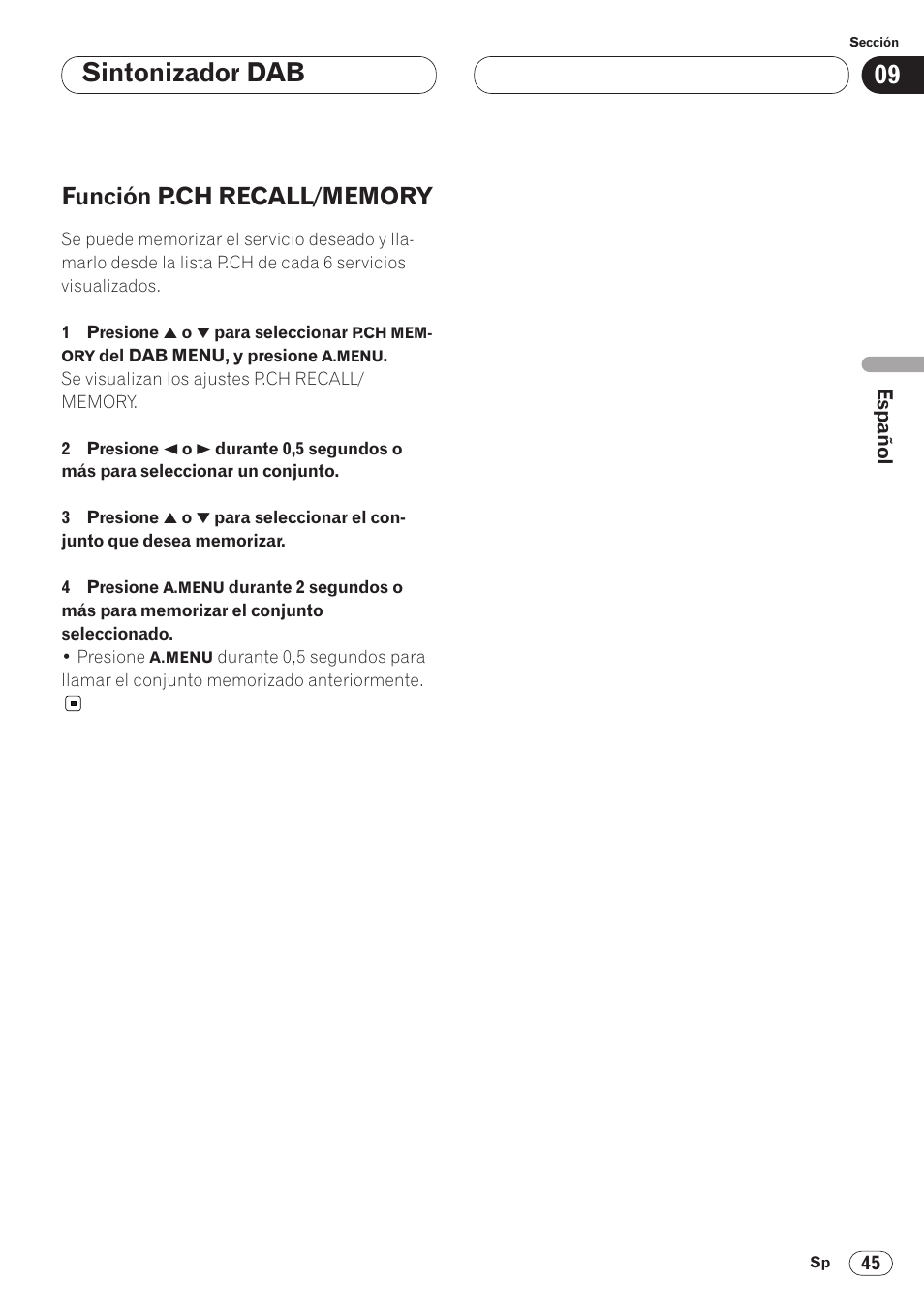 Función p.ch recall/memory 45, Sintonizador dab | Pioneer AVH-P6400CD User Manual | Page 119 / 224