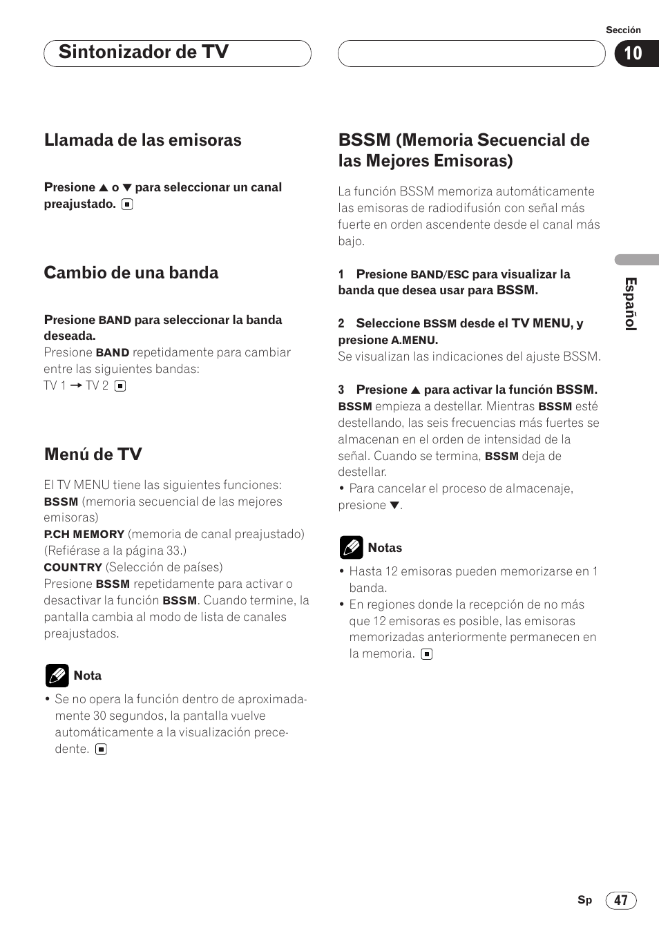 Emisoras) 47, Sintonizador de tv, Llamada de las emisoras | Cambio de una banda, Menú de tv | Pioneer AVH-P6400CD User Manual | Page 121 / 224