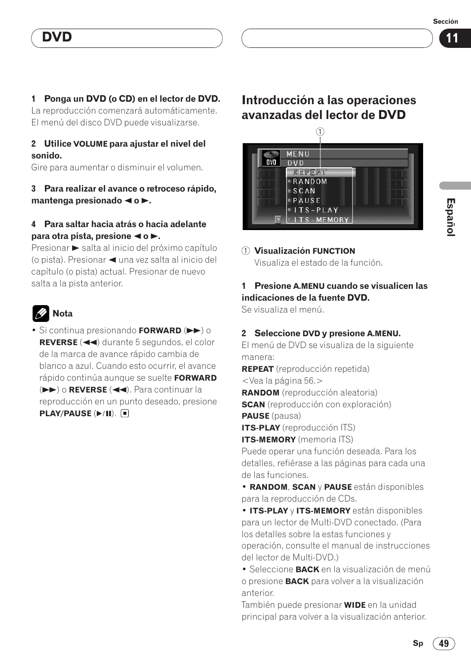 Introducción a las operaciones avanzadas, Del lector de dvd 49 | Pioneer AVH-P6400CD User Manual | Page 123 / 224