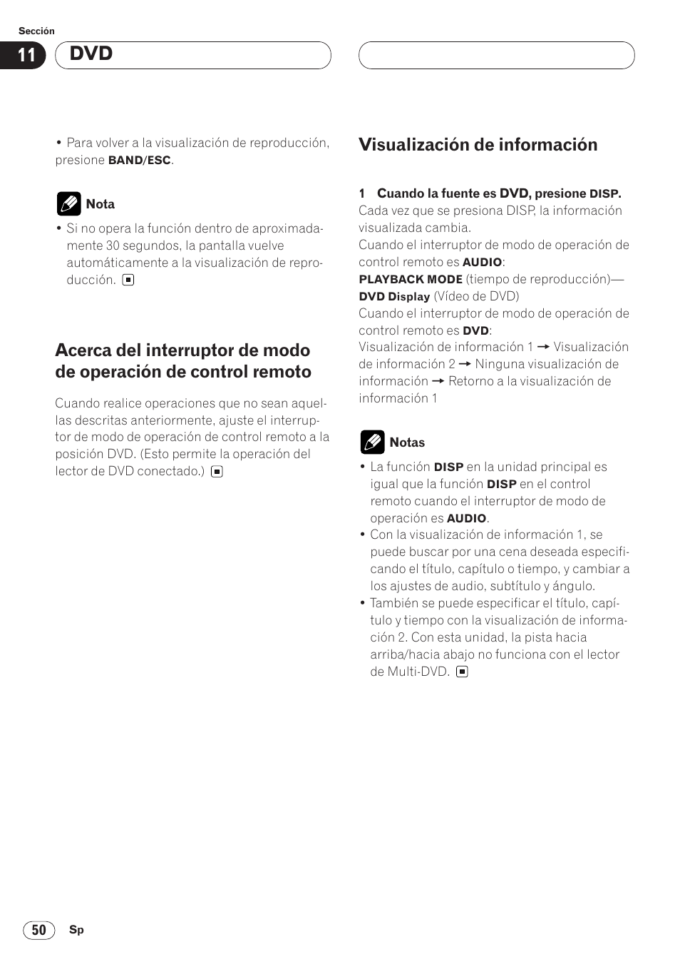 Acerca del interruptor de modo de operación, De control remoto 50, Visualización de información 50 | Visualización de información | Pioneer AVH-P6400CD User Manual | Page 124 / 224