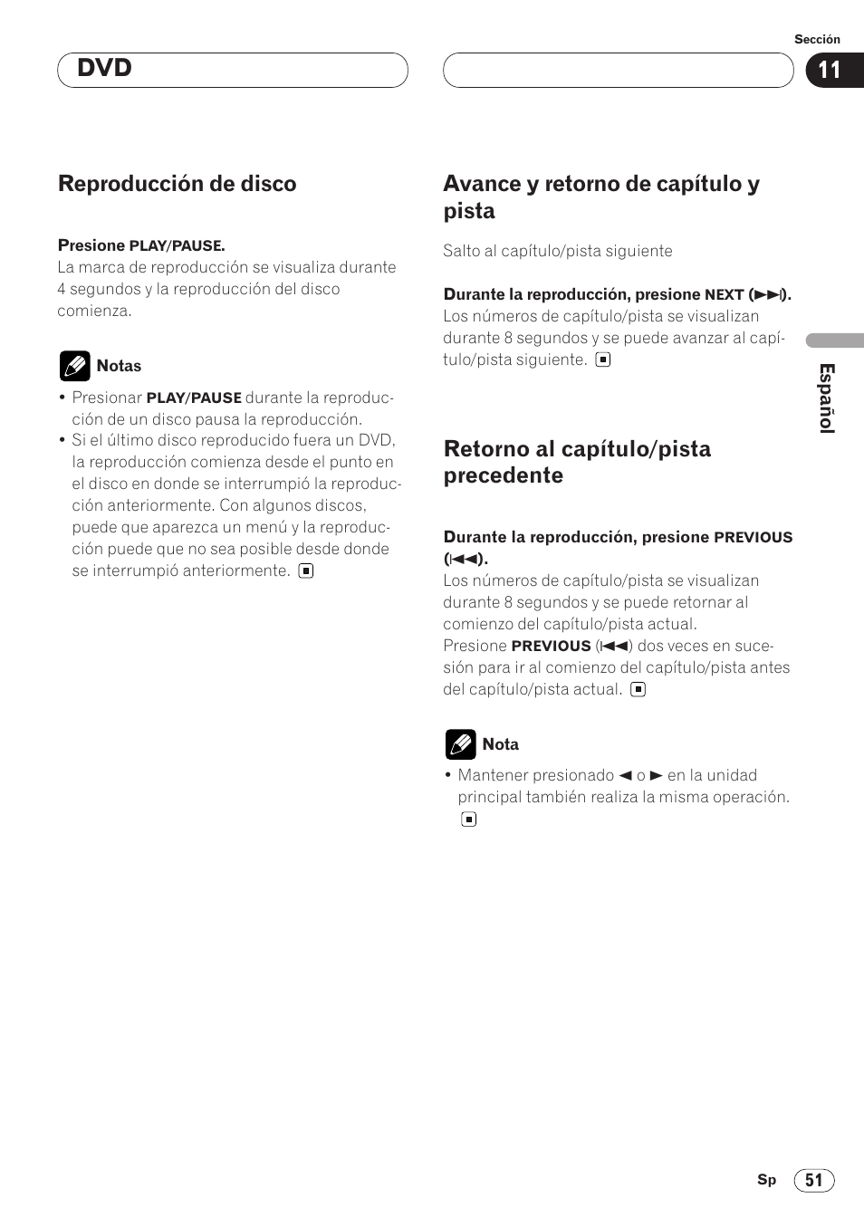 Reproducción de disco, Avance y retorno de capítulo y pista, Retorno al capítulo/pista precedente | Pioneer AVH-P6400CD User Manual | Page 125 / 224
