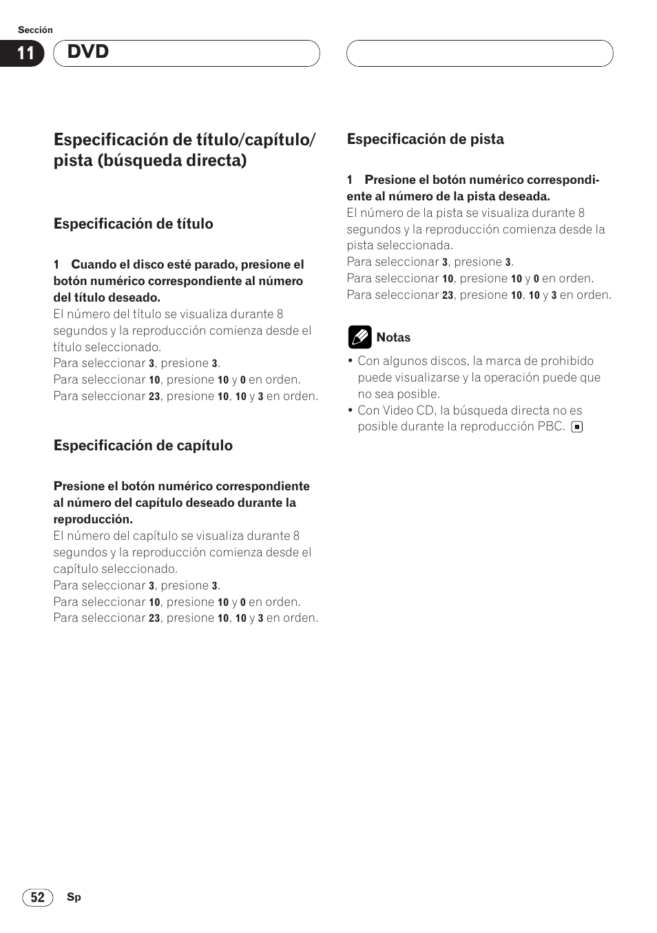 Especificación de título/capítulo/pista, Especificación de pista 52, Especificación de título | Especificación de capítulo, Especificación de pista | Pioneer AVH-P6400CD User Manual | Page 126 / 224
