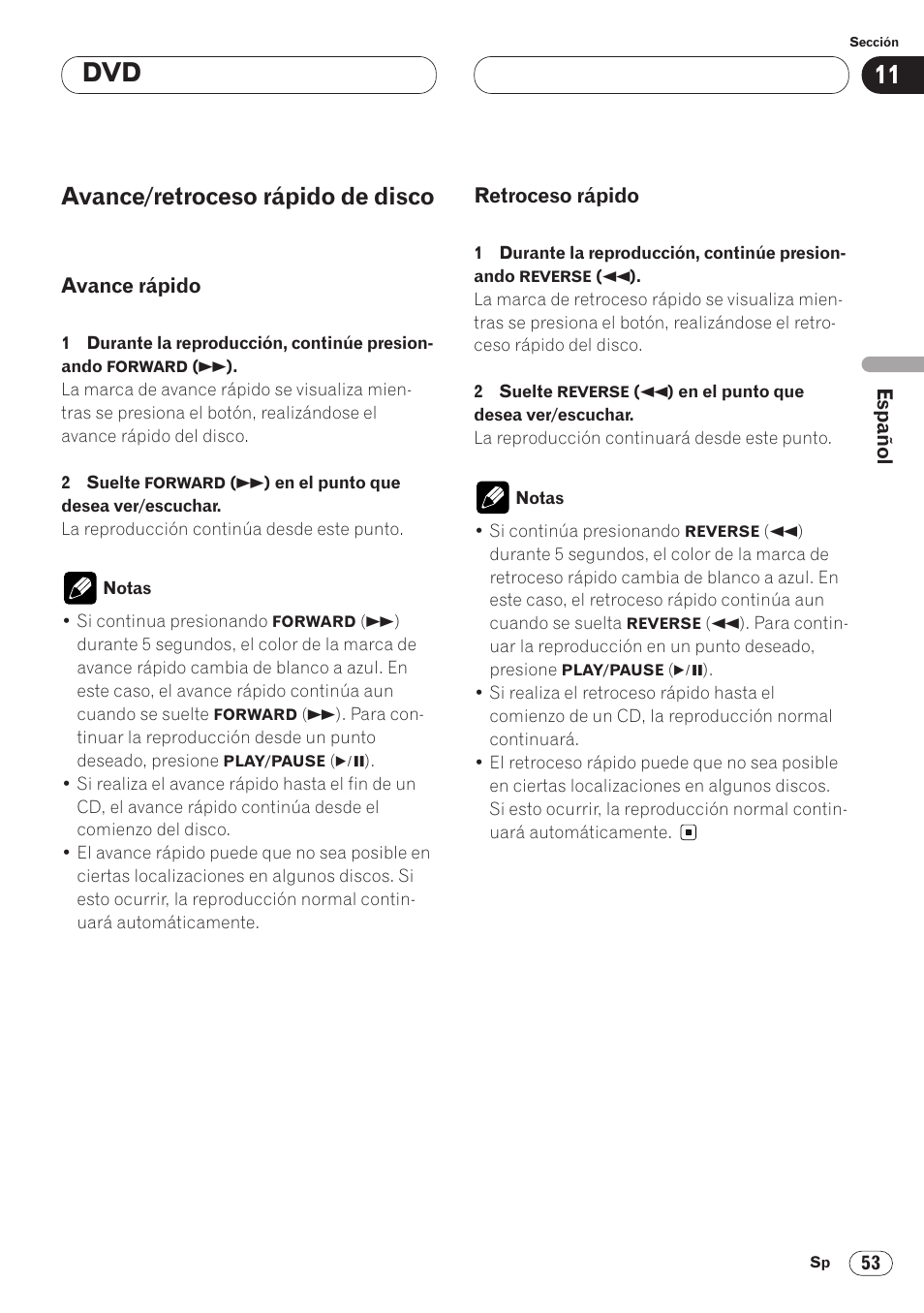 Avance/retroceso rápido de disco 53, Avance rápido 53 • retroceso rápido 53, Avance/retroceso rápido de disco | Pioneer AVH-P6400CD User Manual | Page 127 / 224