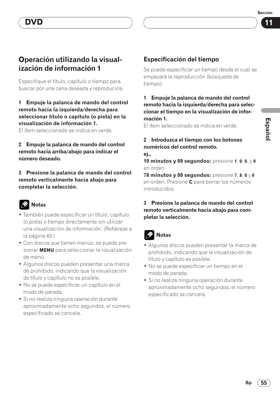 Operación utilizando la visualización de, Información 1 55 • especificación del tiempo 55 | Pioneer AVH-P6400CD User Manual | Page 129 / 224