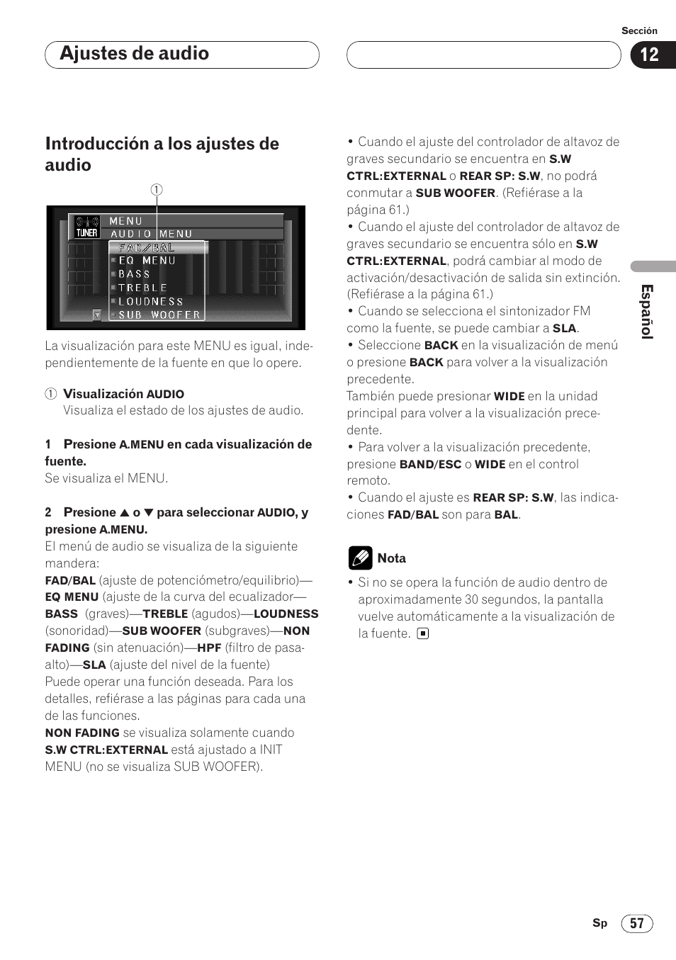 Introducción a los ajustes de audio 57, Ajustes de audio, Introducción a los ajustes de audio | Pioneer AVH-P6400CD User Manual | Page 131 / 224