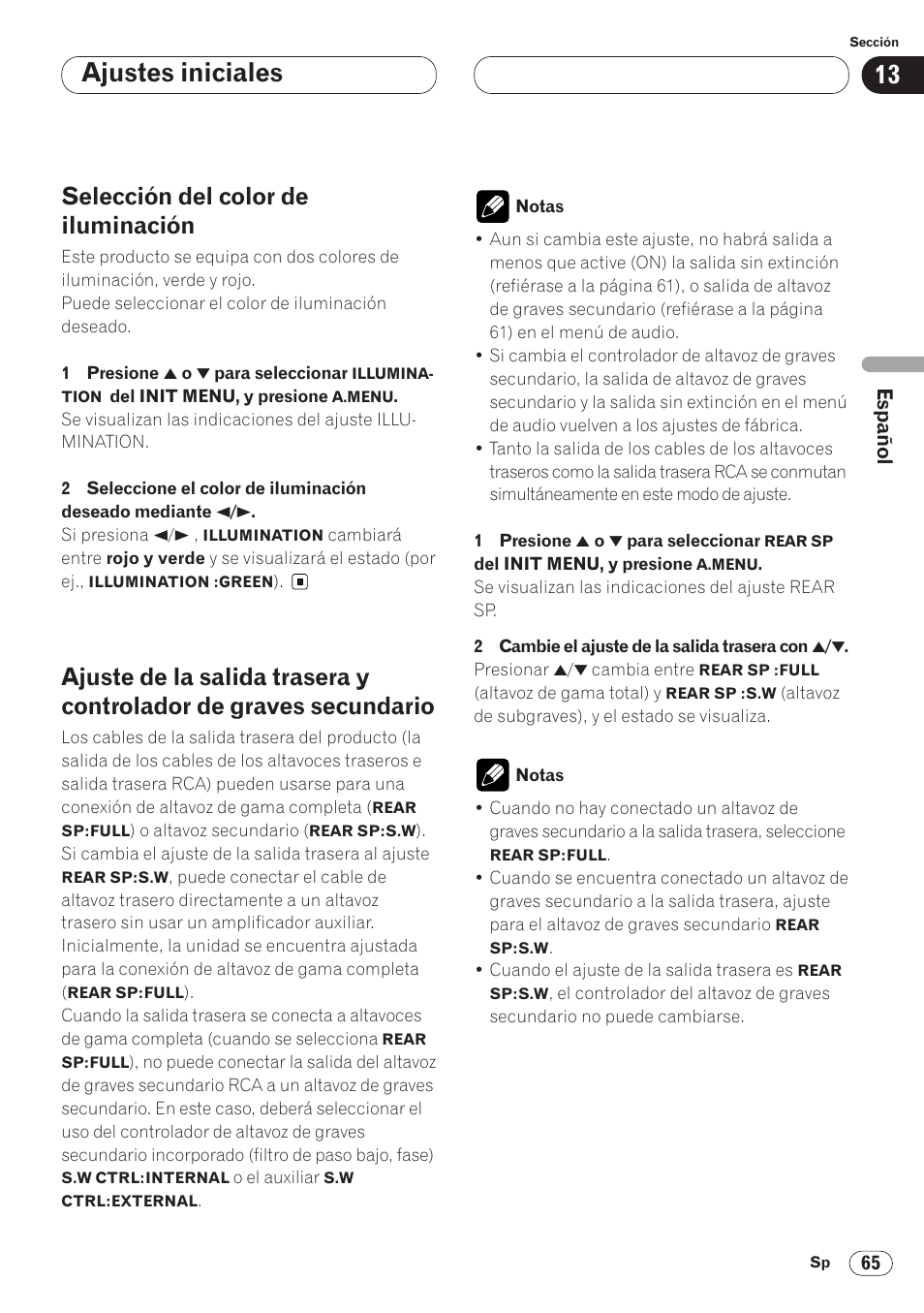 Graves secundario 65, Ajustes iniciales, Selección del color de iluminación | Pioneer AVH-P6400CD User Manual | Page 139 / 224