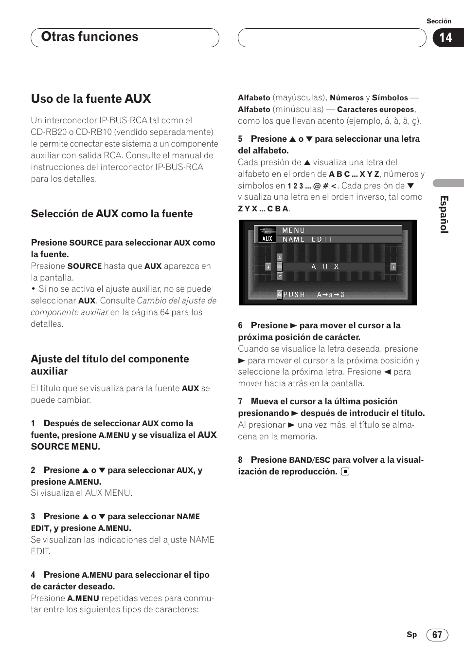 Uso de la fuente aux 67, Auxiliar 67, Otras funciones | Uso de la fuente aux | Pioneer AVH-P6400CD User Manual | Page 141 / 224
