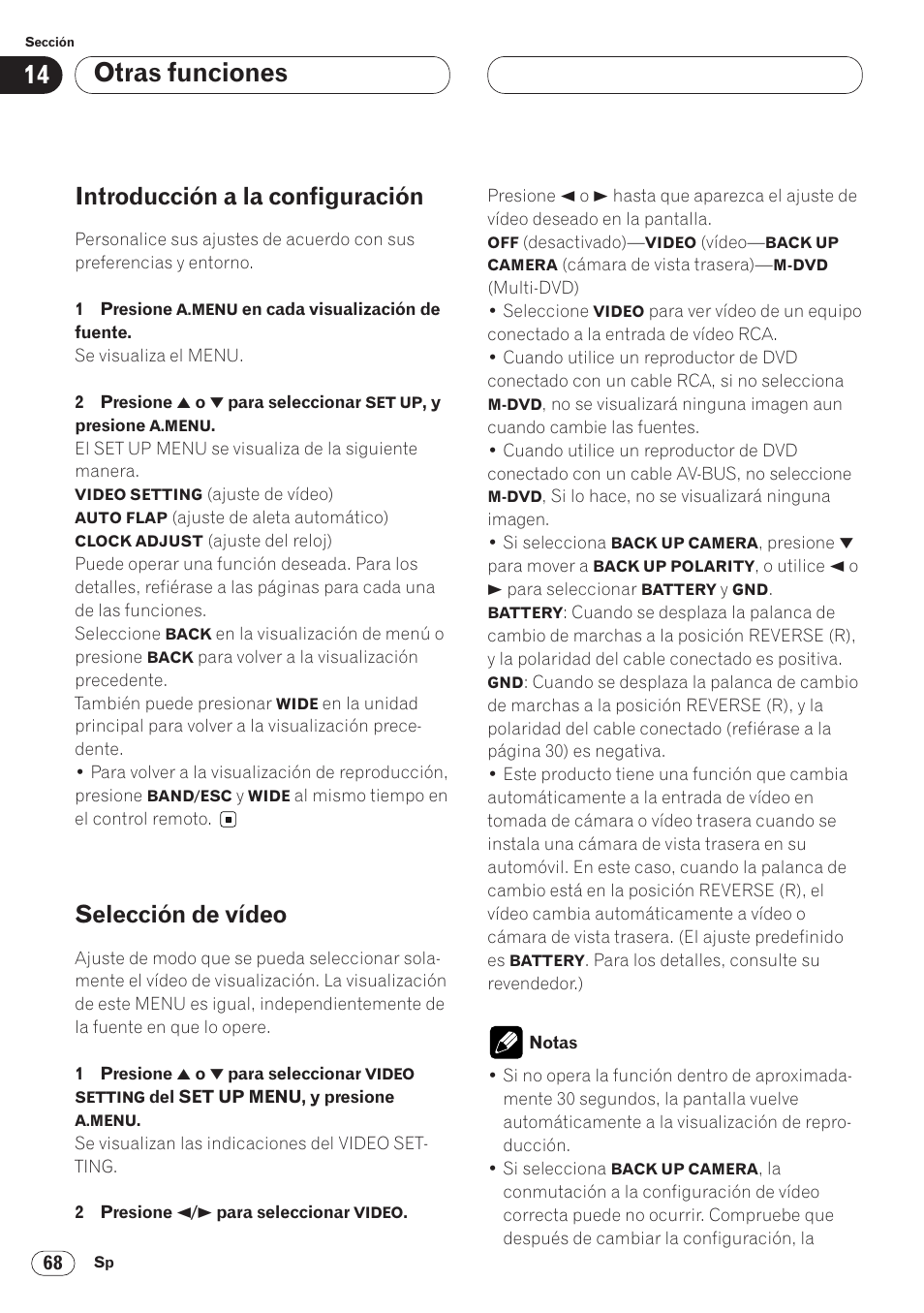 Otras funciones, Introducción a la configuración, Selección de vídeo | Pioneer AVH-P6400CD User Manual | Page 142 / 224
