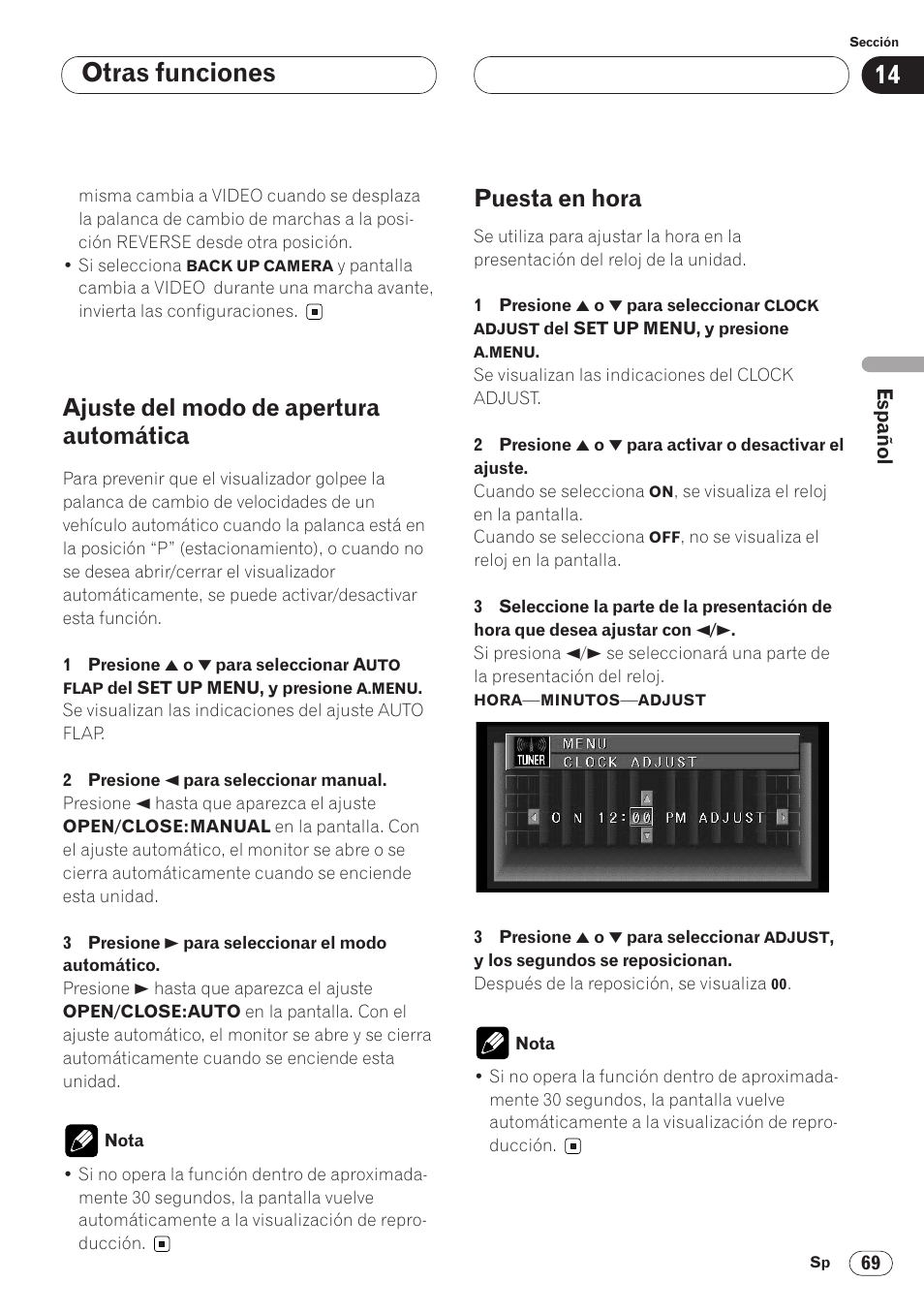 Otras funciones, Ajuste del modo de apertura automática, Puesta en hora | Pioneer AVH-P6400CD User Manual | Page 143 / 224