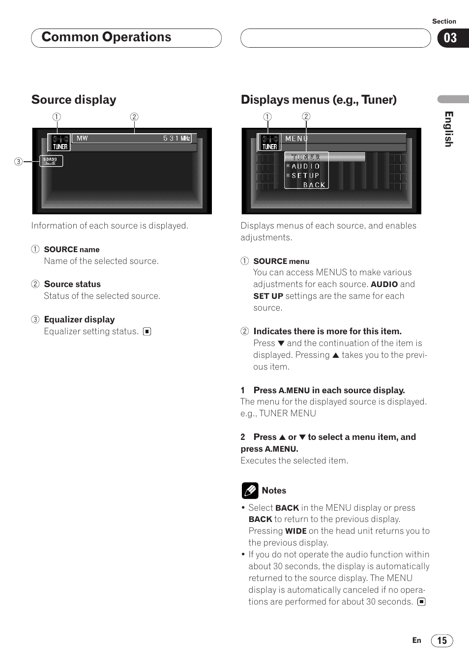 Source display 15 displays menus (e.g., tuner) 15, Common operations, Source display | Displays menus (e.g., tuner) | Pioneer AVH-P6400CD User Manual | Page 15 / 224