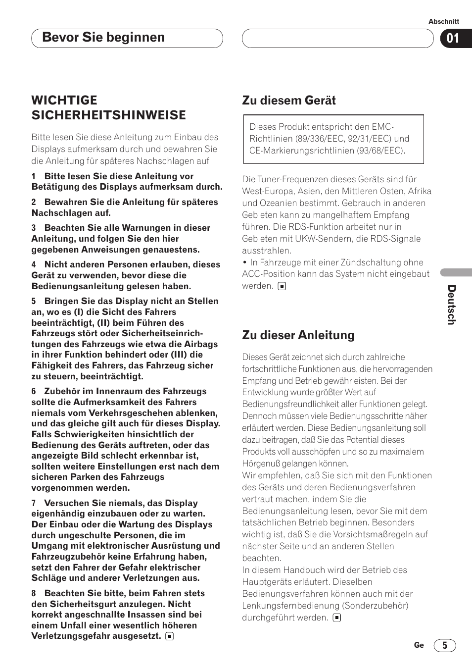 Bevor sie beginnen, Wichtige sicherheitshinweise, Zu diesem gerät | Zu dieser anleitung | Pioneer AVH-P6400CD User Manual | Page 153 / 224
