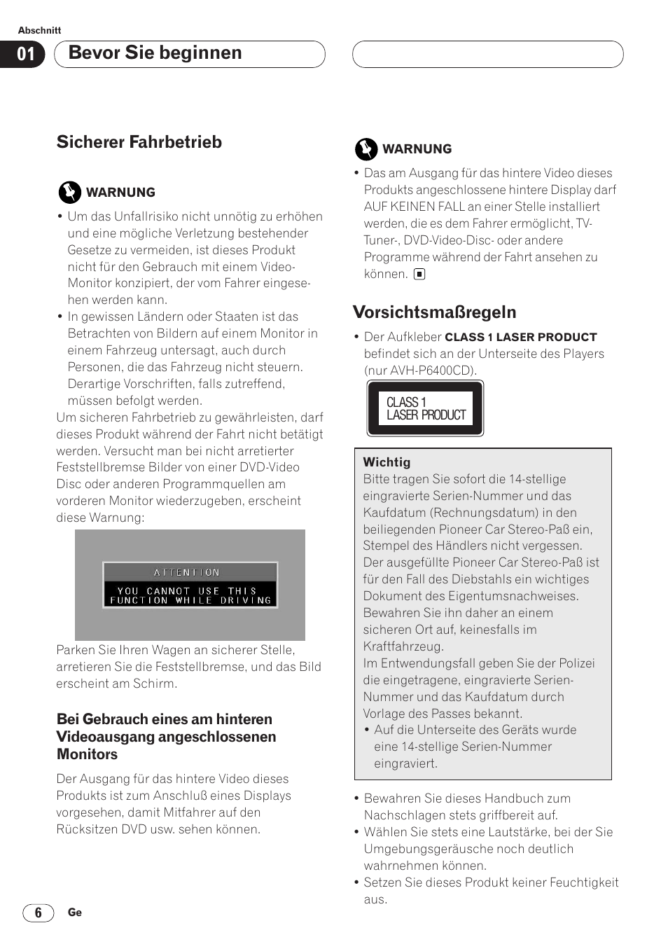 Sicherer fahrbetrieb 6, Bei gebrauch eines am hinteren, Videoausgang angeschlossenen monitors 6 | Vorsichtsmaßregeln 6, Bevor sie beginnen, Sicherer fahrbetrieb, Vorsichtsmaßregeln | Pioneer AVH-P6400CD User Manual | Page 154 / 224