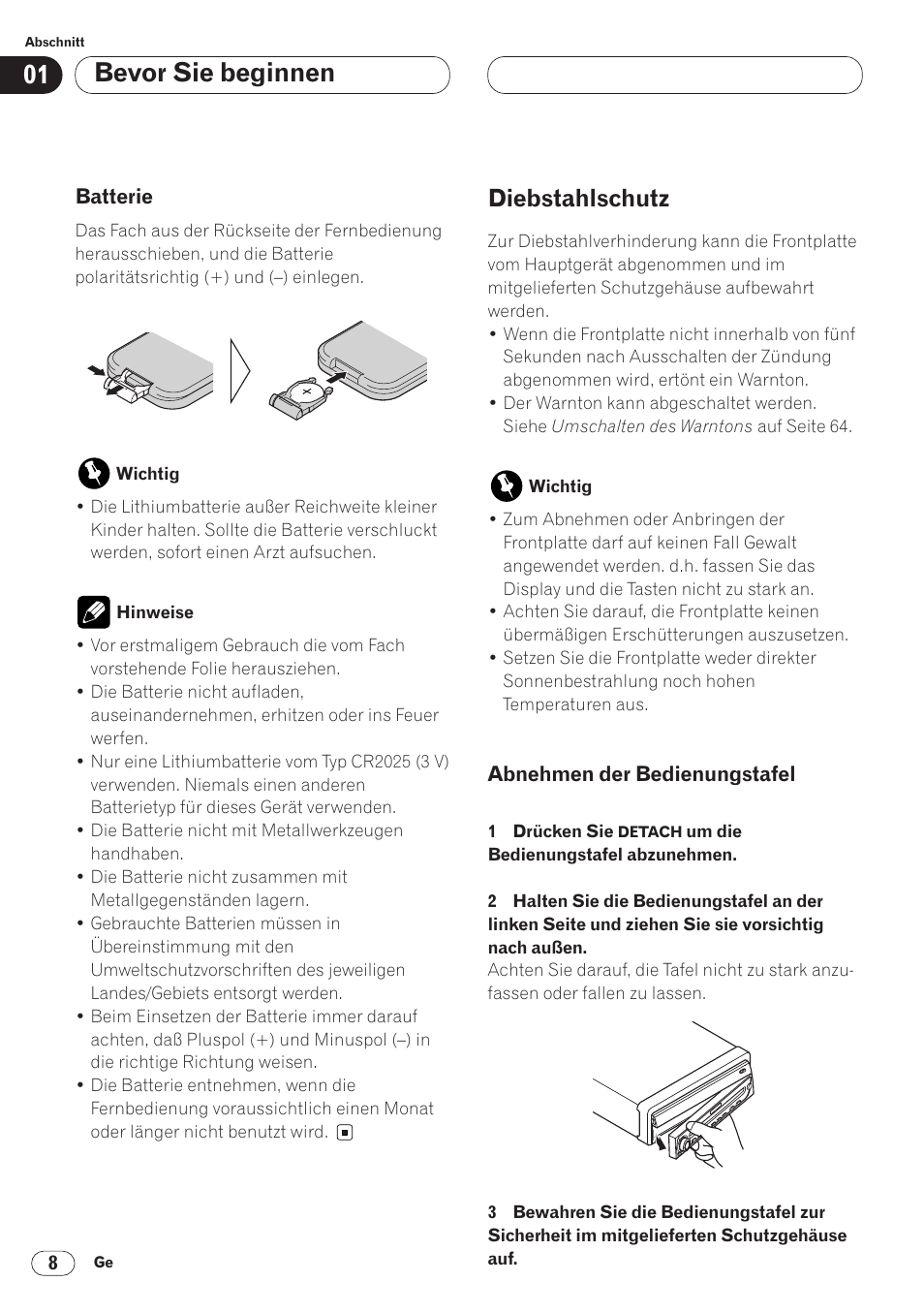Batterie 8, Diebstahlschutz 8, Abnehmen der bedienungstafel 8 | Bevor sie beginnen, Diebstahlschutz | Pioneer AVH-P6400CD User Manual | Page 156 / 224