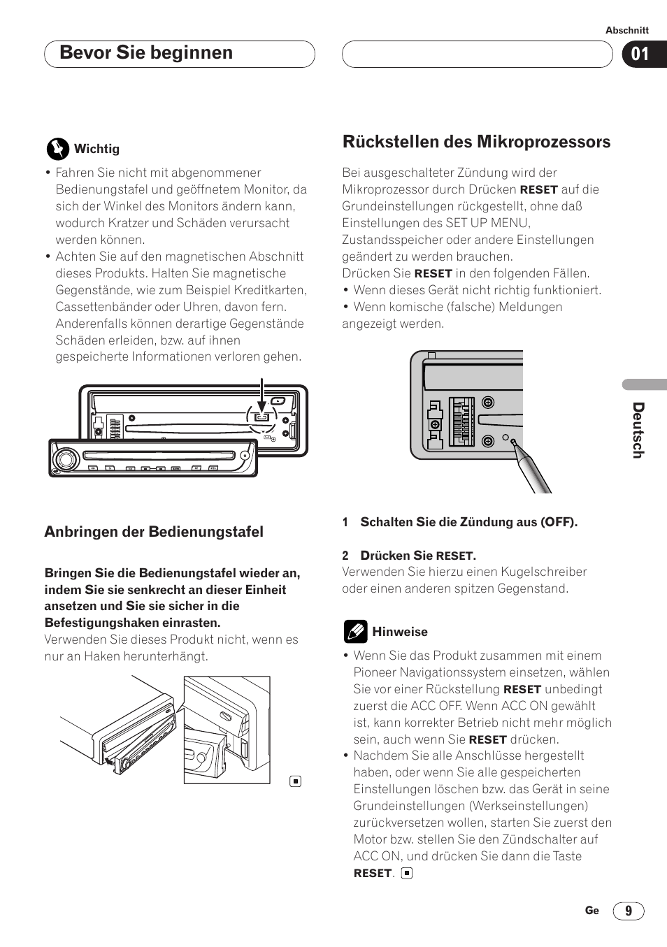 Anbringen der bedienungstafel 9, Rückstellen des mikroprozessors 9, Bevor sie beginnen | Rückstellen des mikroprozessors | Pioneer AVH-P6400CD User Manual | Page 157 / 224