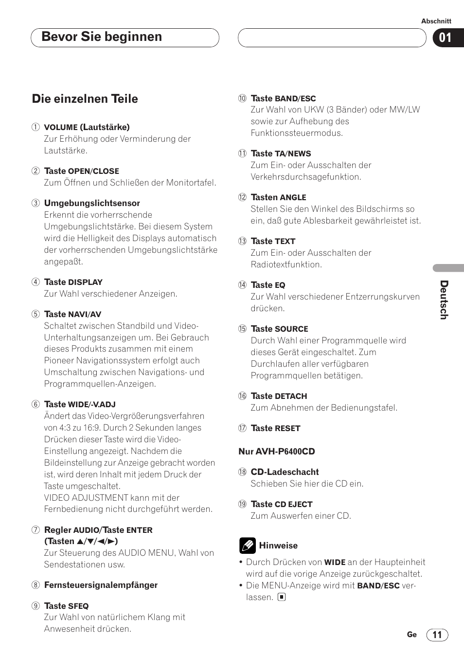 Die einzelnen teile 11, Bevor sie beginnen, Die einzelnen teile | Pioneer AVH-P6400CD User Manual | Page 159 / 224