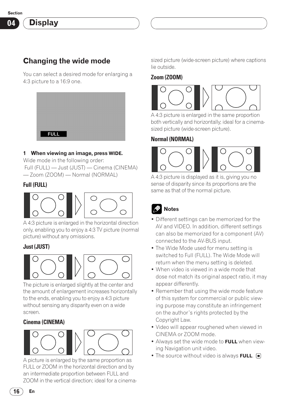 Changing the wide mode 16, Display, Changing the wide mode | Pioneer AVH-P6400CD User Manual | Page 16 / 224